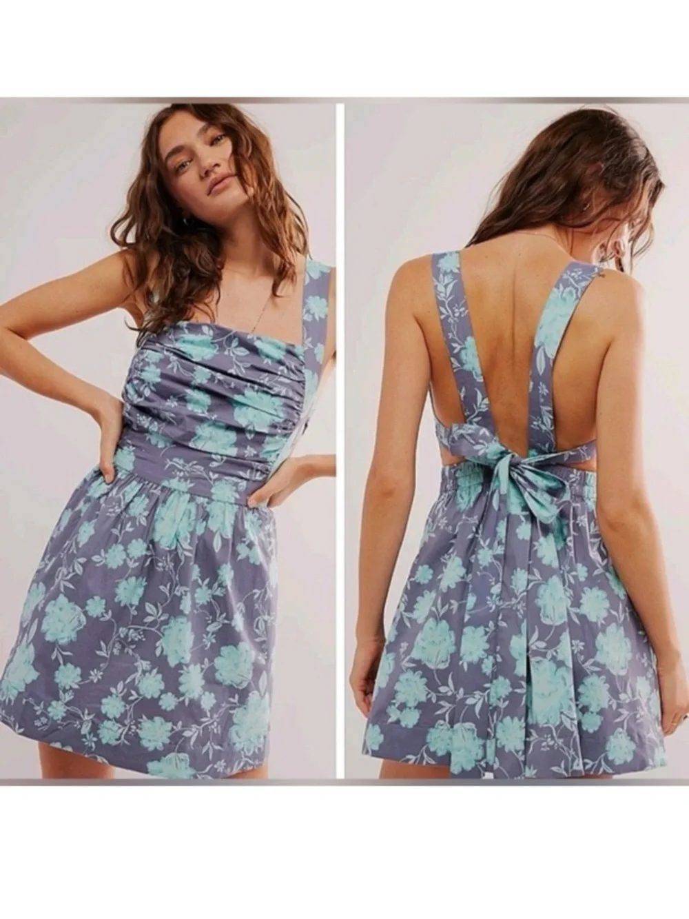 Free People Meet Me In Maui Cutout Sundress Minidress in Floral Lavender Blue - Picture 2 of 5